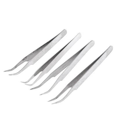 Harfington Uxcell 4 Pcs Silver Tone Bended Nose Pointed Stainless Steel Curved Tweezer 115mm