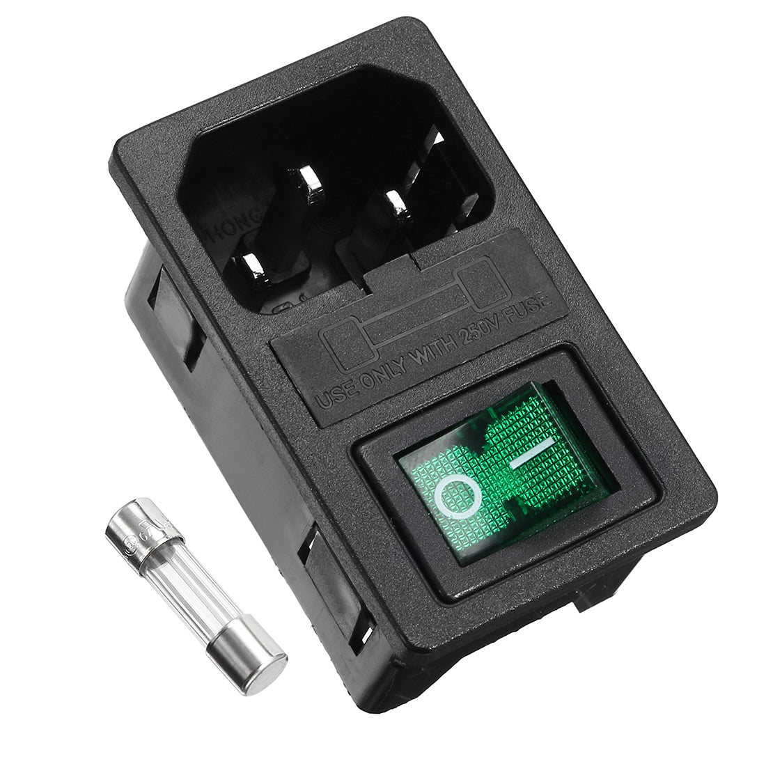 uxcell Uxcell Green Rocker Switch Fuse Holer IEC320 C14 4P DPST Male Power Socket AC250V 10A