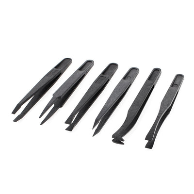 Harfington Uxcell Black Plastic Anti-static Flat Curved Pointed End Tweezers Handy Tool 6 in 1 Set