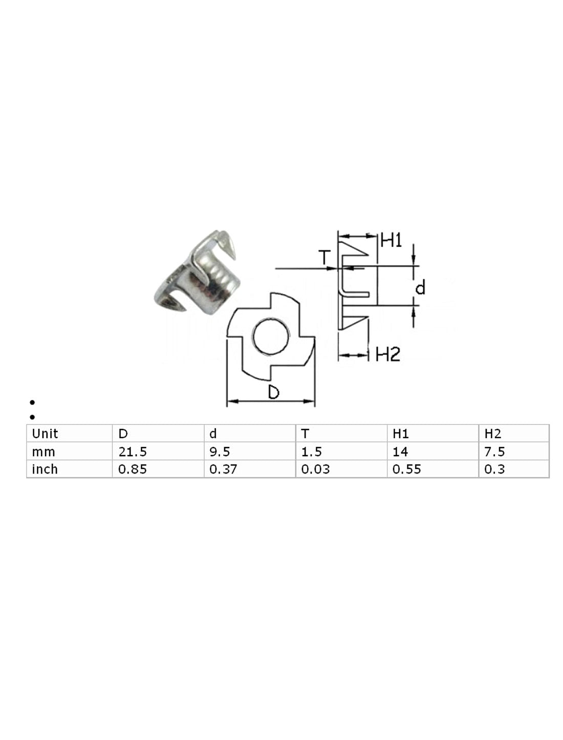 uxcell Uxcell 20 Pcs Half Thread 4 Prongs Zinc Plated T-Nut Tee Nut Fixing 3/8"-16 x 1/2"