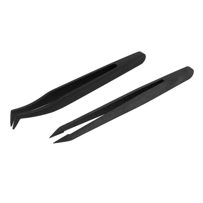 Harfington Uxcell 2 in 1 Plastic Pointed Tip Straight Curved Tweezer Set Black