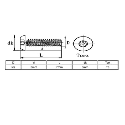 Harfington Uxcell M2x6mm 304 Stainless Steel Button Head Torx Security Machine Screws 100pcs