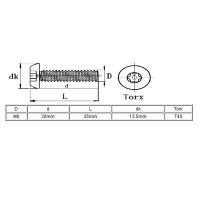 Harfington Uxcell M8x30mm 304 Stainless Steel Button Head Torx Security Machine Screws 10pcs