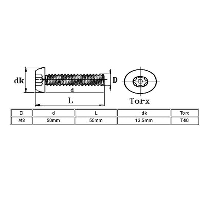 Harfington Uxcell M8x50mm 304 Stainless Steel Button Head Torx Security Machine Screws 4pcs