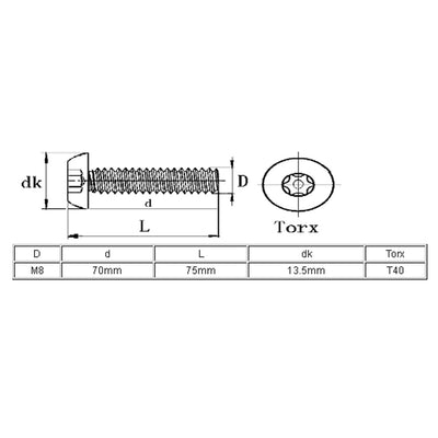 Harfington Uxcell M8x70mm 304 Stainless Steel Button Head Torx Security Machine Screws 4pcs