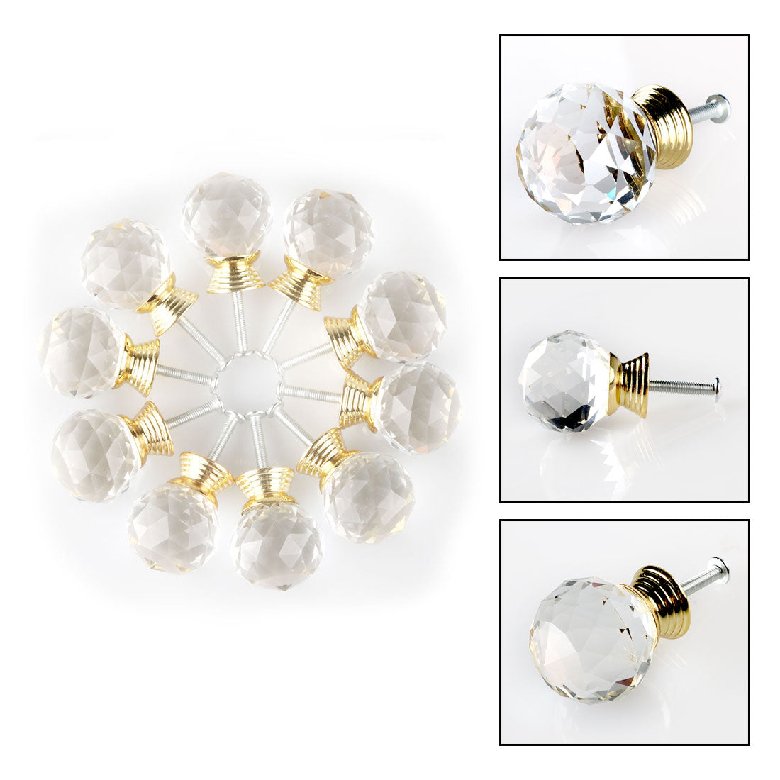 uxcell Uxcell 30mm Clear Crystal Glass Drawer Knobs Cabinet Pull Handle Round Gold Tone 10pcs