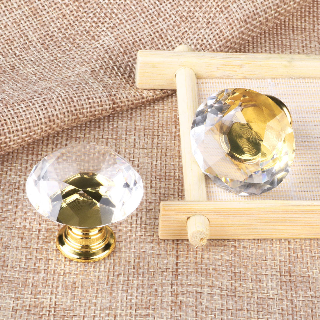 uxcell Uxcell 30mm Diamond Shaped Crystal Glass Drawer Knobs Cabinet Pull Handle Gold Tone 10pcs