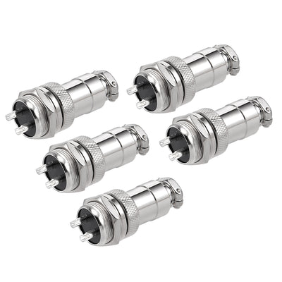 Harfington Uxcell 5pcs Aviation Connector, 16mm 2P 7A 125V GX16-2 Waterproof Male Wire Panel Power Chassis Metal Fittings Connector Aviation Silver Tone