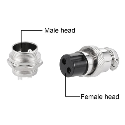 Harfington Uxcell 2pcs Aviation Connector 16mm 2P 7A 125V GX16-2 Waterproof Male Wire Panel Power Chassis Metal Fittings Connector Aviation Silver Tone