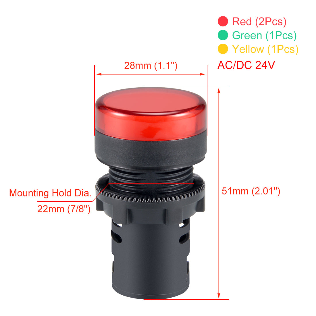 uxcell Uxcell 4Pcs AC/DC 24V Indicator Lights, Red+Green+Yellow LED, Flush Panel Mount 7/8" 22mm