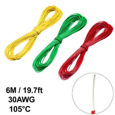 Harfington Uxcell 3 Pcs Wrapping Wire Tin Plated Copper Wire P/N 30AWG 6M Length Red Green Yellow