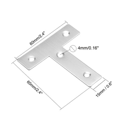 Harfington Uxcell Flat T Shape Repair Mending Plate, 60mmx60mm, Stainless steel Joining Bracket Support Brace, 5 pcs