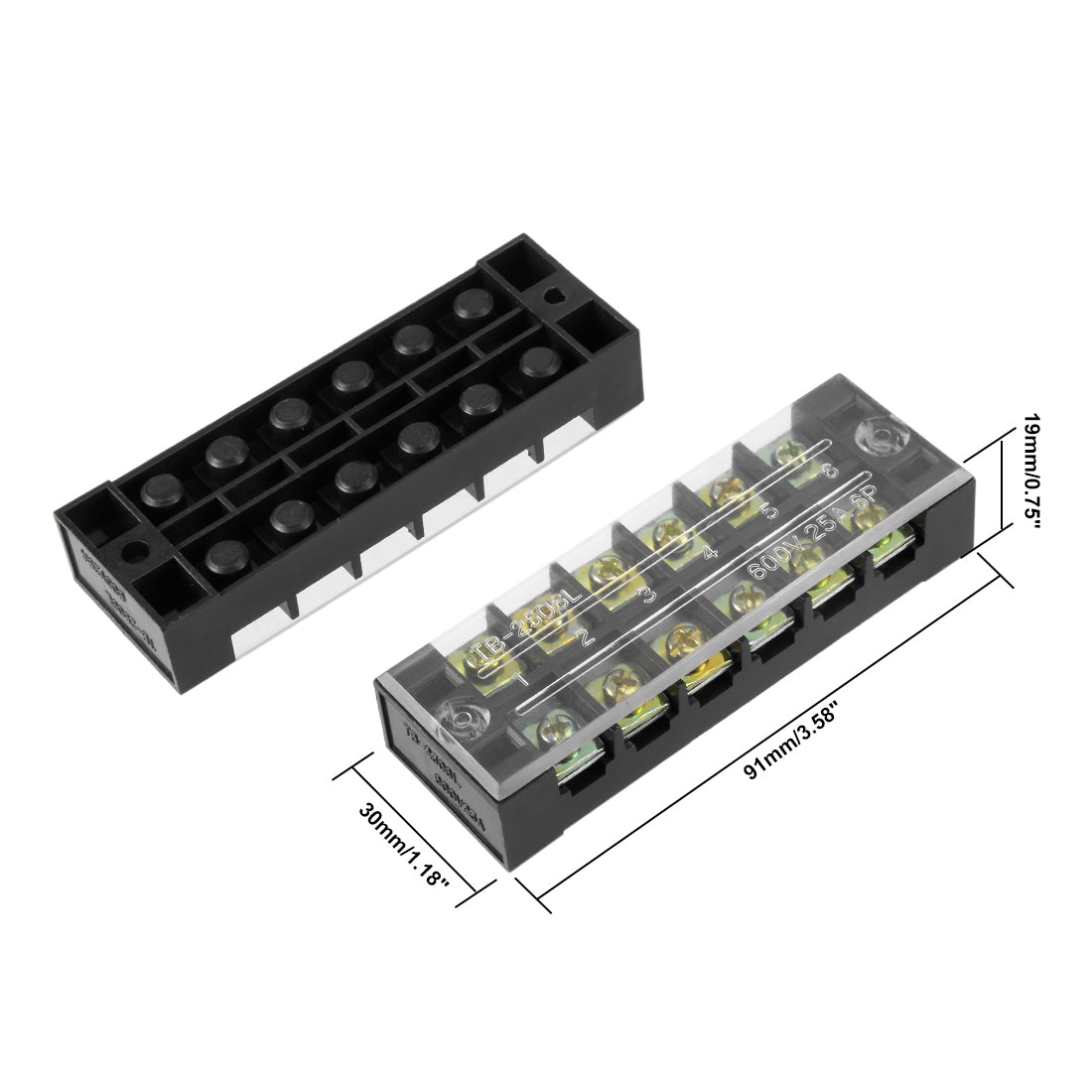 uxcell Uxcell 3 Pcs Dual Rows 6 Positions 600V 25A Cable Barrier Block Terminal Strip TB-2506L