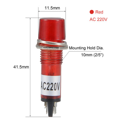 Harfington Uxcell Signal Indicator Dash Light AC 220V, Neon Bulbs XD10-3 Red, 10mm 2/5" Panel Mount 10Pcs