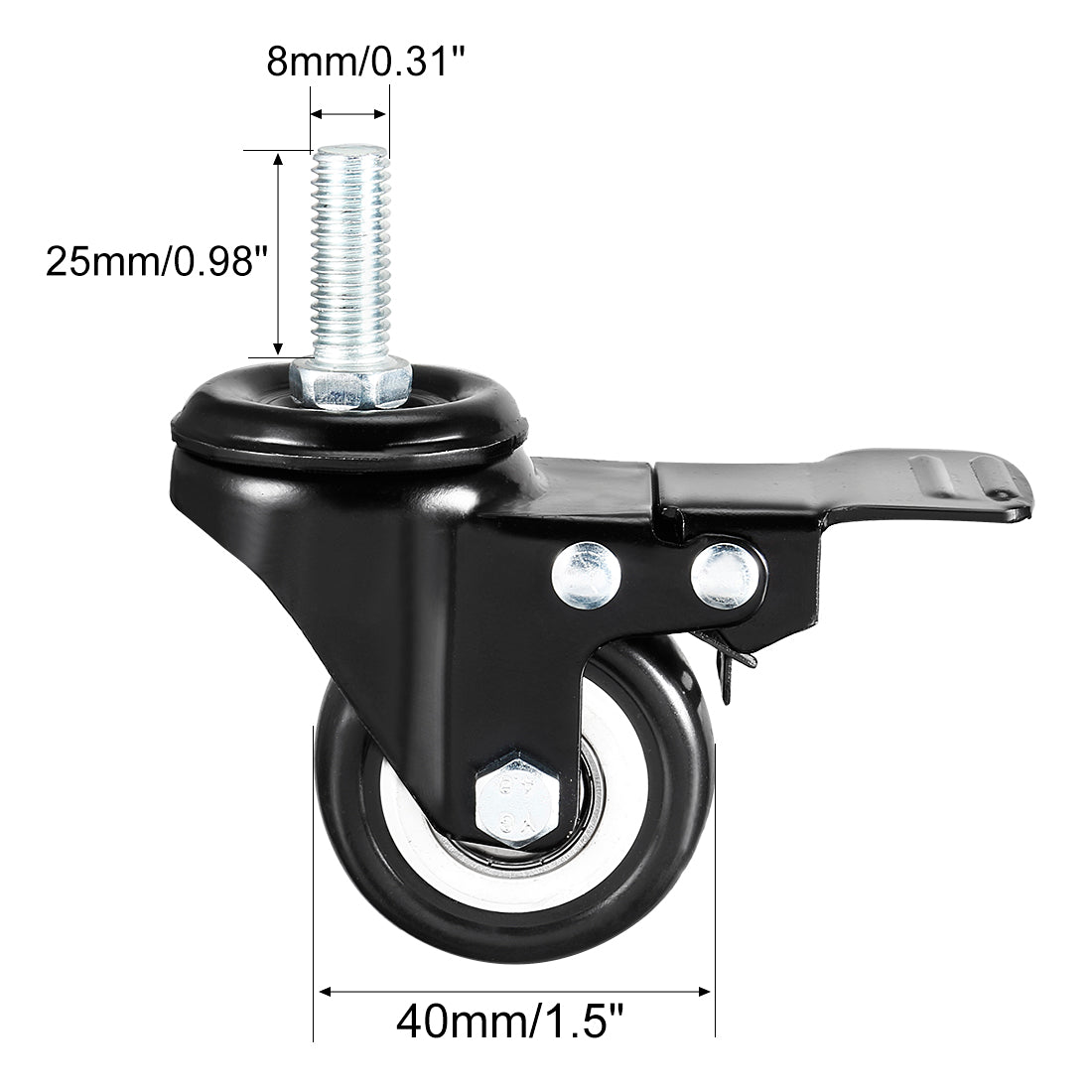 uxcell Uxcell 1.5 Inch Swivel Caster Wheels PU 360 Degree Threaded Stem Caster Wheel with Brake, M8 x 25mm, 110lb Capacity