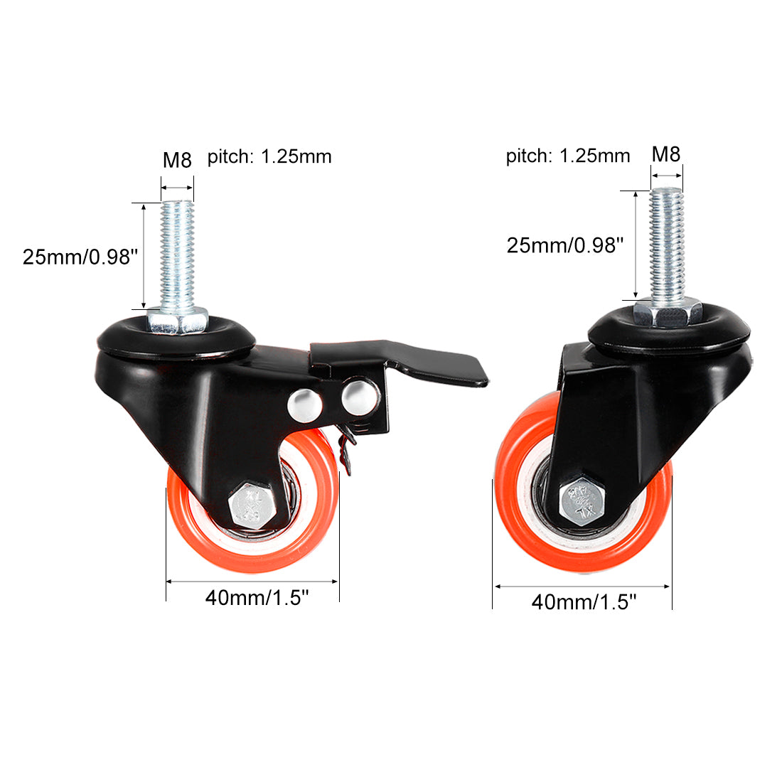 uxcell Uxcell 1.5 Inch Swivel Caster Wheels PU 360 Degree Threaded Stem Caster Wheel M8 x 25mm 110lb Capacity (2 Pcs with Brake, 2 Pcs No Brake)  4 Pcs