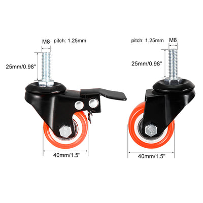 Harfington Uxcell 1.5 Inch Swivel Caster Wheels PU 360 Degree Threaded Stem Caster Wheel M8 x 25mm 110lb Capacity (2 Pcs with Brake, 2 Pcs No Brake)  4 Pcs