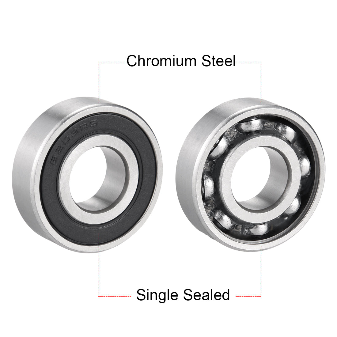 uxcell Uxcell Deep Groove Ball Bearing 6203RS Single Sealed, 17mm x 40mm x 12mm Chrome Steel Bearings