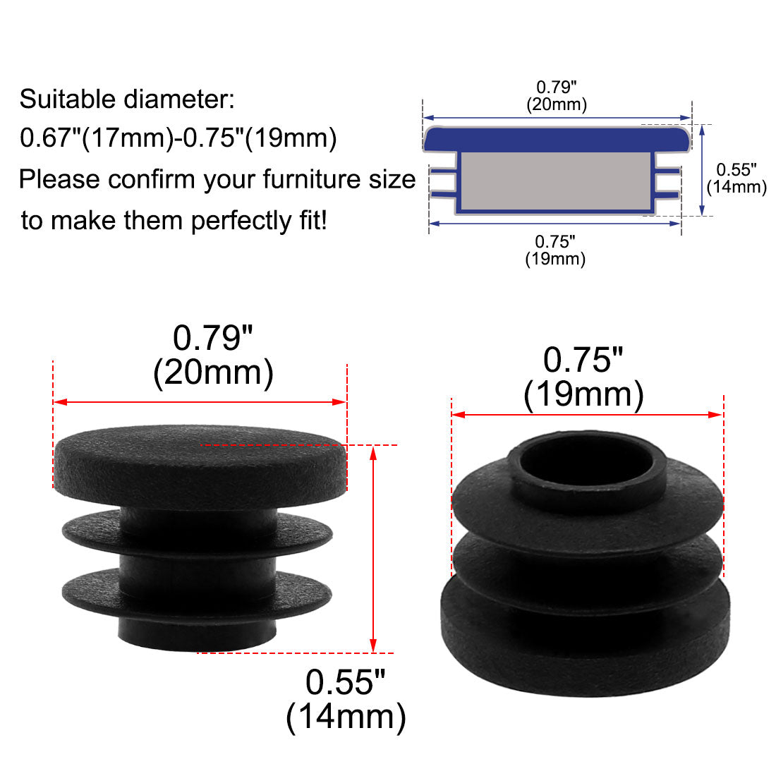 uxcell Uxcell 3/4" 20mm OD Plastic Round Tube Ribbed Inserts End Cover Caps 45pcs, 0.67"-0.75" Inner Dia, Floor Furniture Chair Cabinet Protector