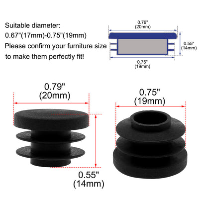 Harfington Uxcell 3/4" 20mm OD Plastic Round Tube Ribbed Inserts End Cover Caps 45pcs, 0.67"-0.75" Inner Dia, Floor Furniture Chair Cabinet Protector