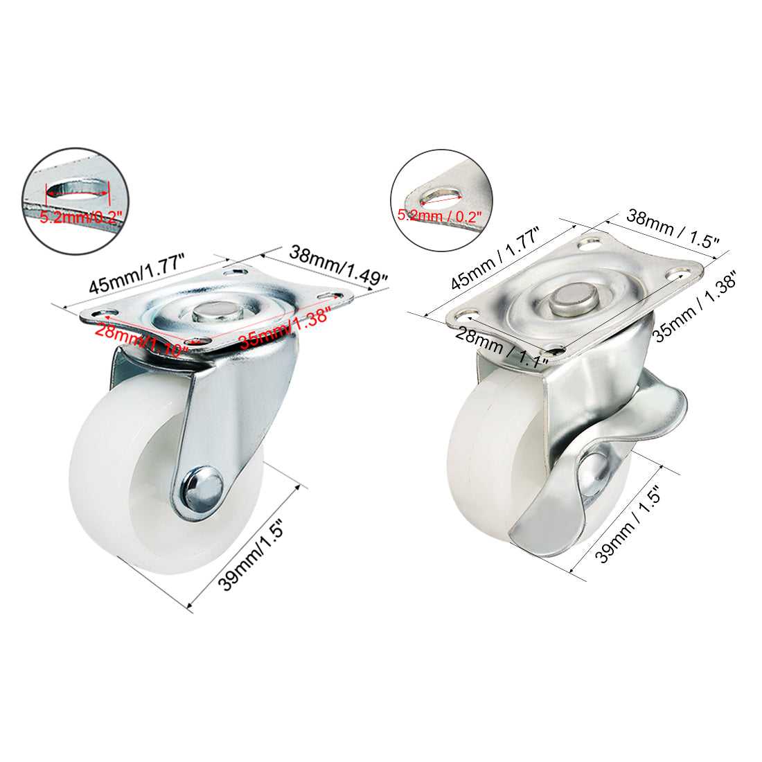 uxcell Uxcell Swivel Casters 1.5 Inch Nylon Top Plate Mounted Caster Wheels White 44lb Capacity 4 Pcs (2 Pcs w Brake, 2 Pcs no Brake)