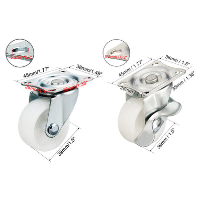 Harfington Uxcell Swivel Casters 1.5 Inch Nylon Top Plate Mounted Caster Wheels White 44lb Capacity 4 Pcs (2 Pcs w Brake, 2 Pcs no Brake)