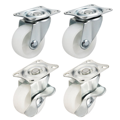 Harfington Uxcell Swivel Casters 1.5 Inch Nylon Top Plate Mounted Caster Wheels White 44lb Capacity 4 Pcs (2 Pcs w Brake, 2 Pcs no Brake)