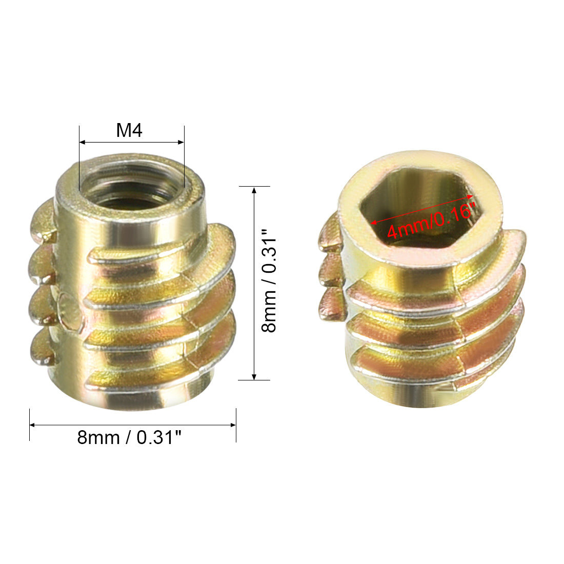 uxcell Uxcell Threaded Insert Nuts Zinc Alloy Hex-Flush M4 Internal Threads 8mm Length 30pcs