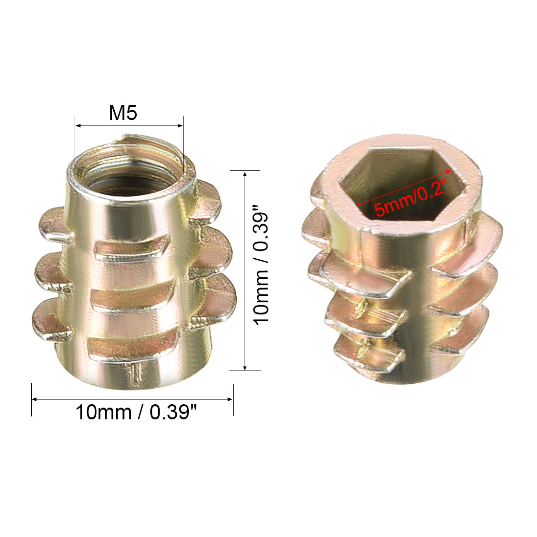 uxcell Uxcell Threaded Insert Nuts Zinc Alloy Hex-Flush M5 Internal Threads 10mm Length 50pcs