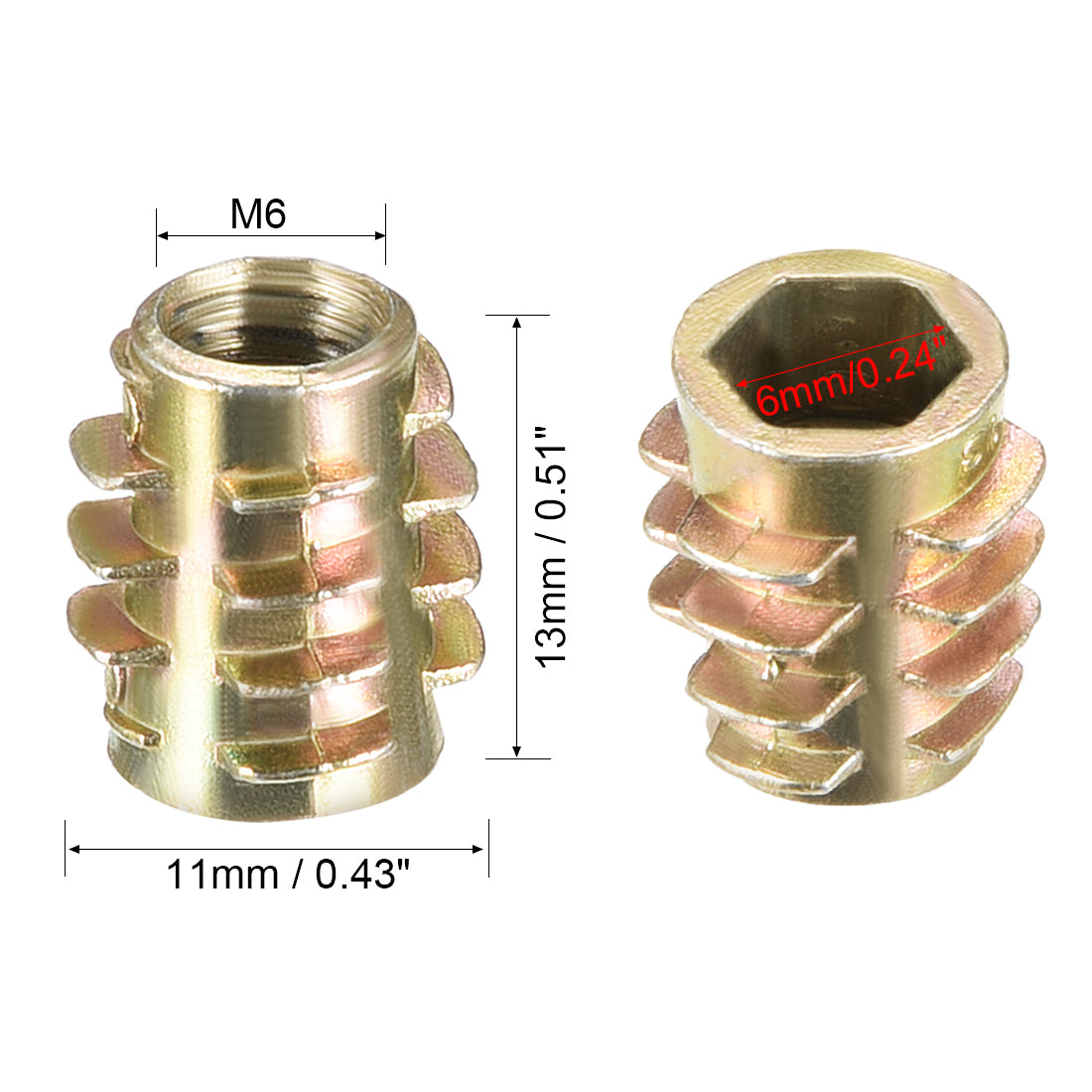 uxcell Uxcell Threaded Insert Nuts Zinc Alloy Hex-Flush M6 Internal Threads 13mm Length 30pcs