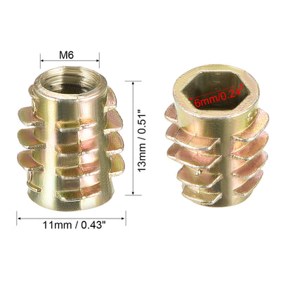 Harfington Uxcell Threaded Insert Nuts Zinc Alloy Hex-Flush M6 Internal Threads 13mm Length 30pcs