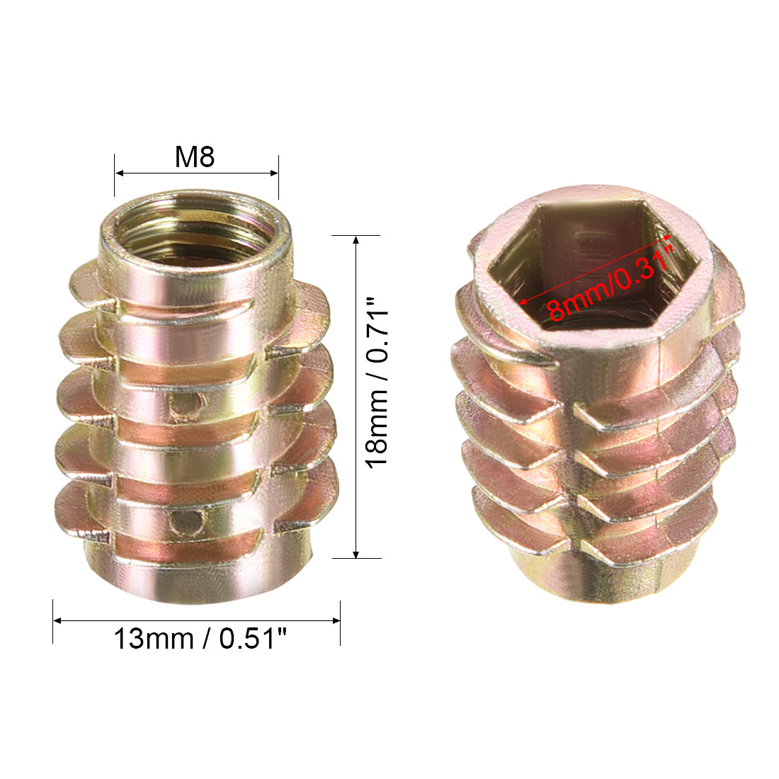 uxcell Uxcell Threaded Insert Nuts Zinc Alloy Hex-Flush M8 Internal Threads 18mm Length 10pcs