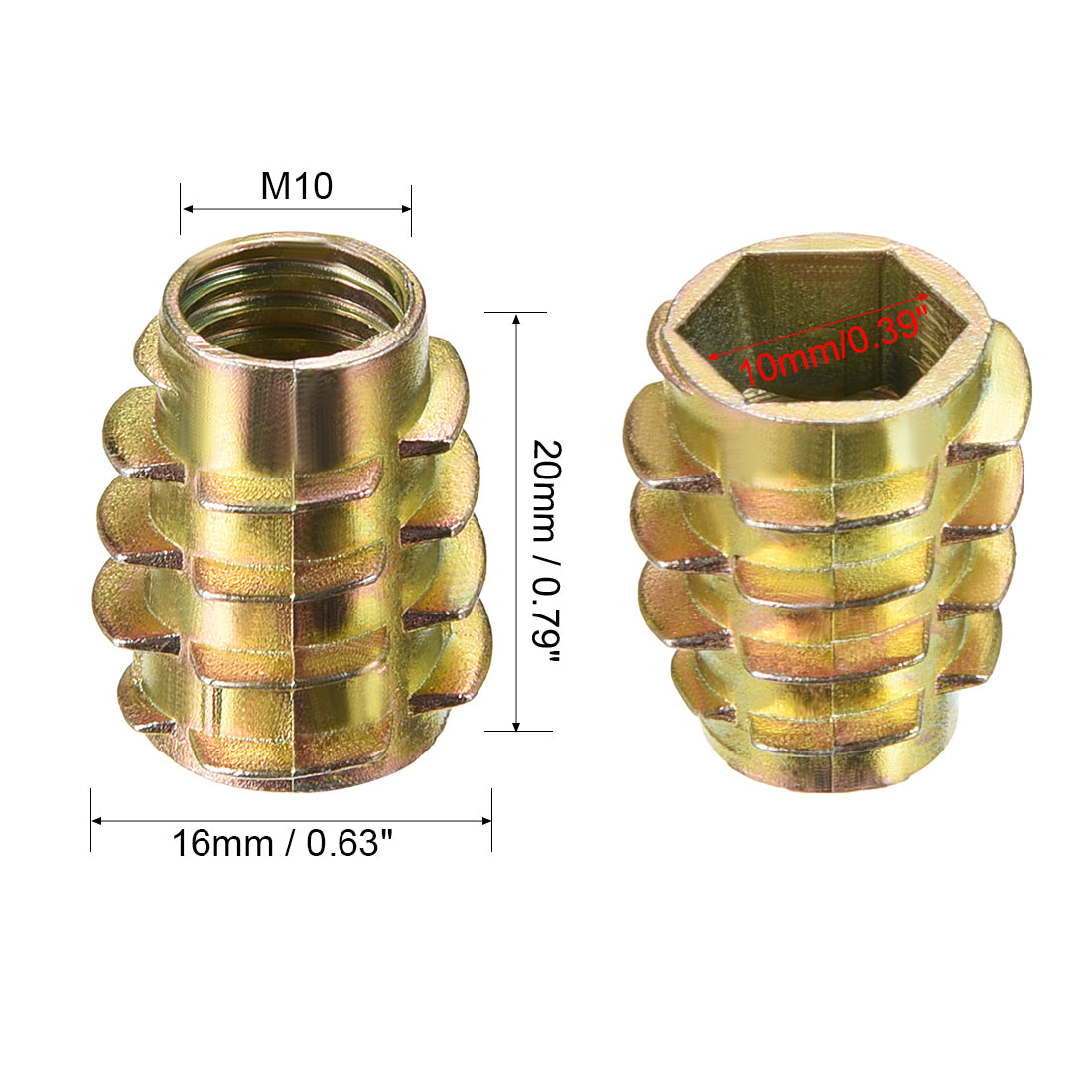 uxcell Uxcell Threaded Insert Nuts Zinc Alloy Hex-Flush M10 Internal Threads 20mm Length 20pcs