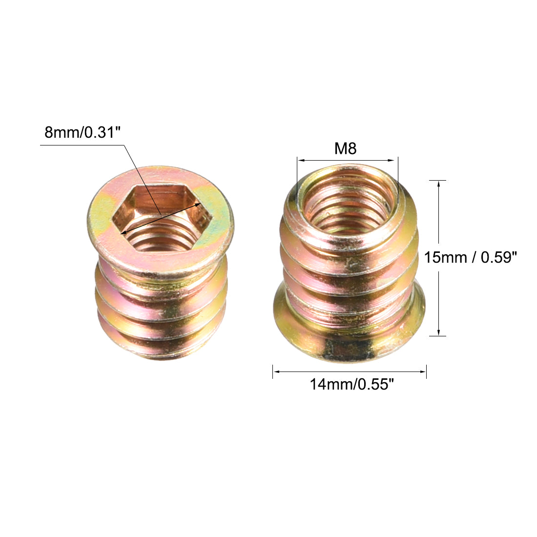 uxcell Uxcell Wood Furniture M8x15mm Threaded Insert Nuts Interface Hex Socket Drive 20pcs