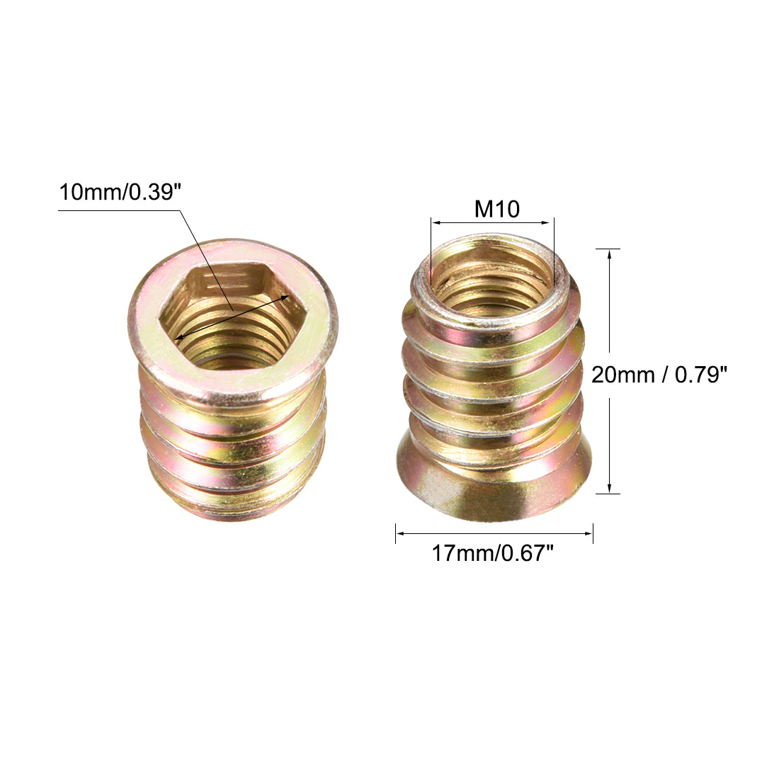 uxcell Uxcell 50 Stück Holz Möbel M10x20mm Gewinde Einsatz Muttern Schnittstelle Innensechskant Antrieb