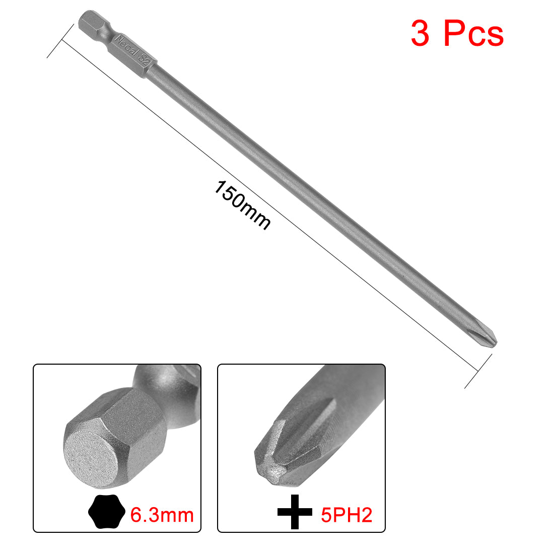 uxcell Uxcell 3 Pcs 1/4 Shank 150mm Length 5mm Phillips PH2 Magnetic S2 Screwdriver Bits