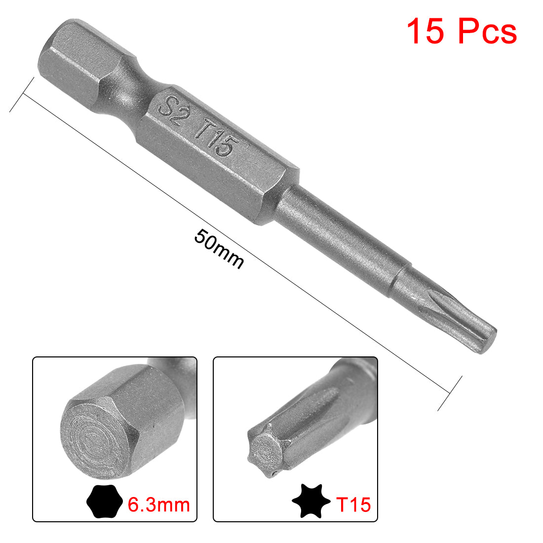 uxcell Uxcell 15pcs 50mm Long 1/4" Hex Shank T15 Magnetic Torx Head Screwdriver Bits S2 High Alloy Steel