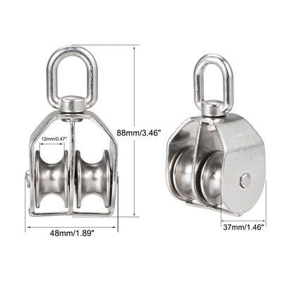 Harfington Uxcell M32 Lifting Crane Swivel Hook Double Pulley Block Hanging Wire Towing Wheel 304 Stainless Steel