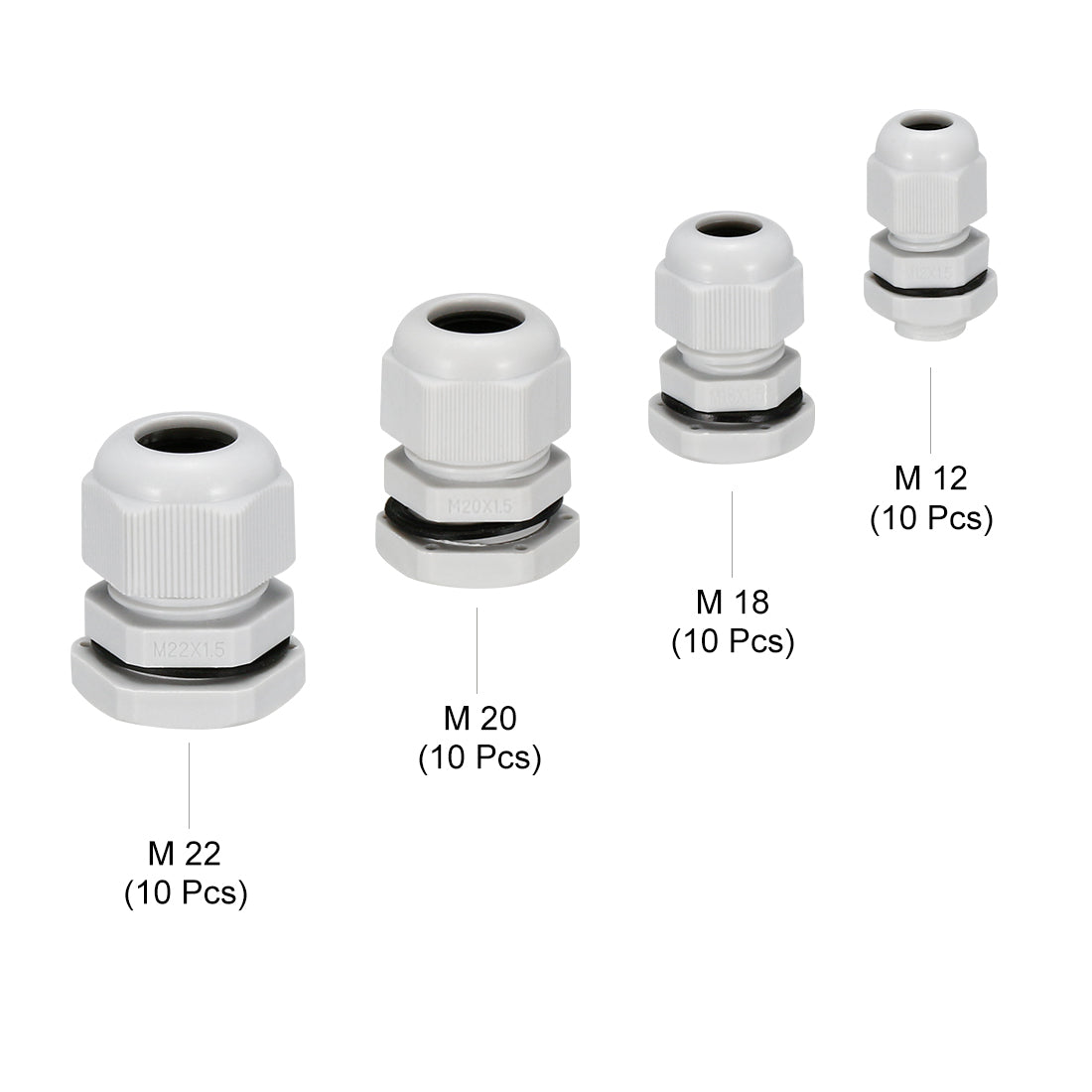 uxcell Uxcell M12 M18 M20 M22 Cable Gland Waterproof Plastic Joint Adjustable Locknuts for 3-6.5mm 5-10mm 6-12mm 10-13mm Dia Cable Wire 40Pcs