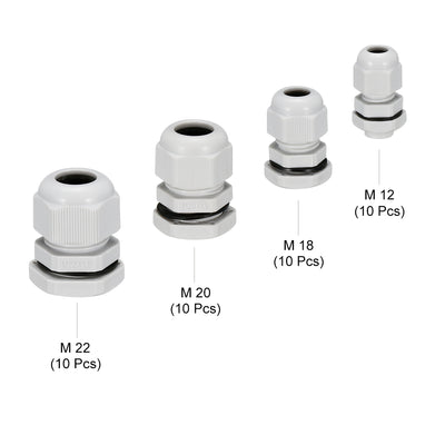 Harfington Uxcell M12 M18 M20 M22 Cable Gland Waterproof Plastic Joint Adjustable Locknuts for 3-6.5mm 5-10mm 6-12mm 10-13mm Dia Cable Wire 40Pcs