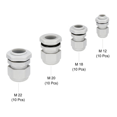 Harfington Uxcell M12 M18 M20 M22 Cable Gland Waterproof Plastic Joint Adjustable Locknuts for 3-6.5mm 5-10mm 6-12mm 10-13mm Dia Cable Wire 40Pcs