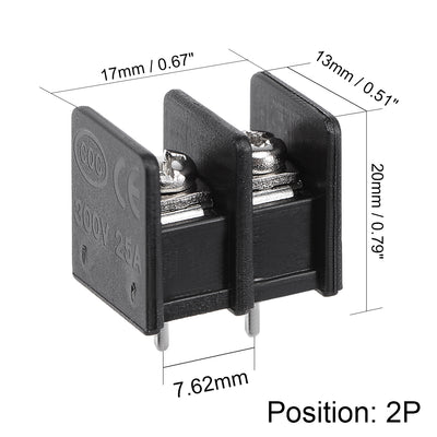 Harfington Uxcell 5Pcs AC300V 25A 7.62mm Pitch 2P Flat Angle Needle Seat Fence Type PCB Terminal Block Connector Black