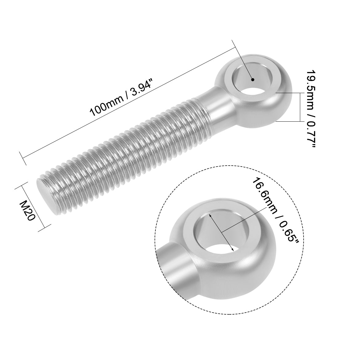 uxcell Uxcell M20 x 100mm Machinery Shoulder Swing Lifting Eye Bolt 304 Stainless Steel Metric Thread