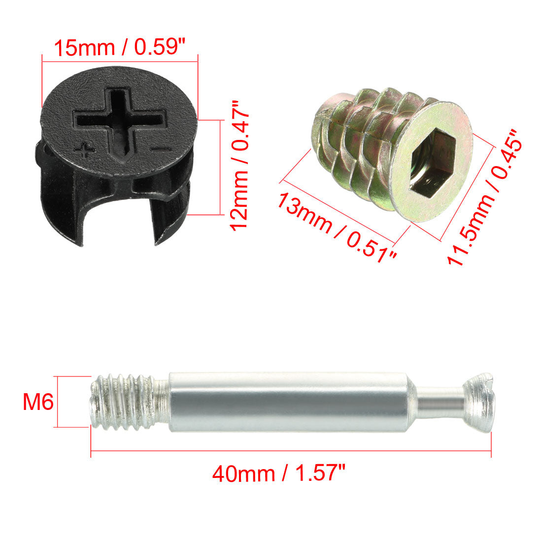 uxcell Uxcell 20 Sätze 3 in 1 Möbel Verbindungskit 15 mm Außendurchm. Nockenbeschlag, M6 x 40 mm Passschrauben, M6 Voreingesetzte Mutter