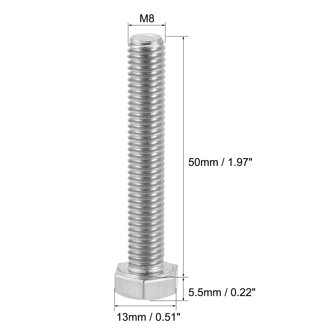 uxcell Uxcell M8 Thread 50mm Length Hex Bolts 304 Stainless Steel Hexagon Screw Bolt 5pcs