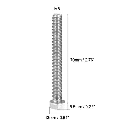 Harfington Uxcell M8 Thread 70mm Length Hex Bolts 304 Stainless Steel Hexagon Screw Bolt 5pcs