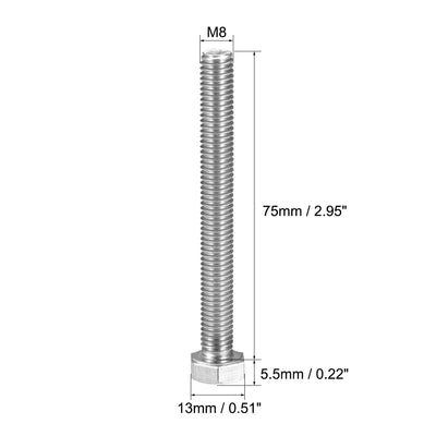 Harfington Uxcell M8x75mm Hex Bolts 304 Stainless Steel Hexagon Screw Bolt 8pcs