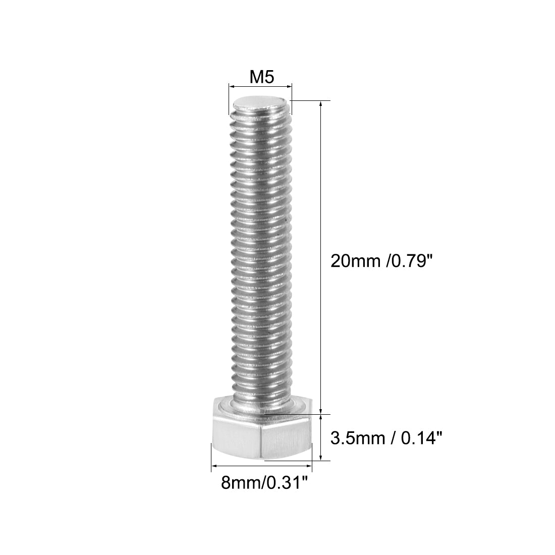 uxcell Uxcell M5x20mm Hex Bolts 304 Stainless Steel Hexagon Screw Bolt 20pcs