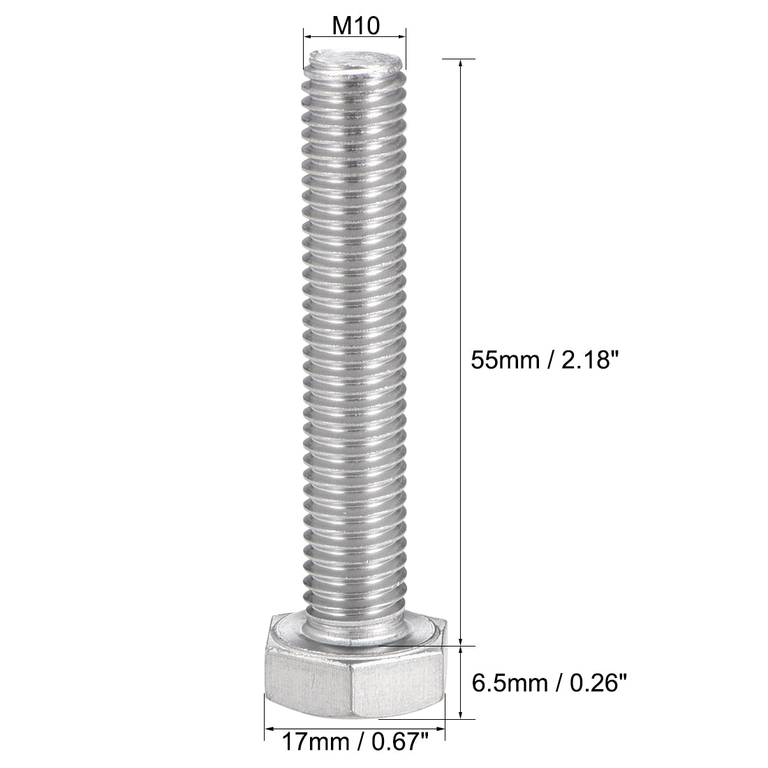 uxcell Uxcell M10 Thread 55mm Length Hex Bolts 304 Stainless Steel Hexagon Screw Bolt 5pcs