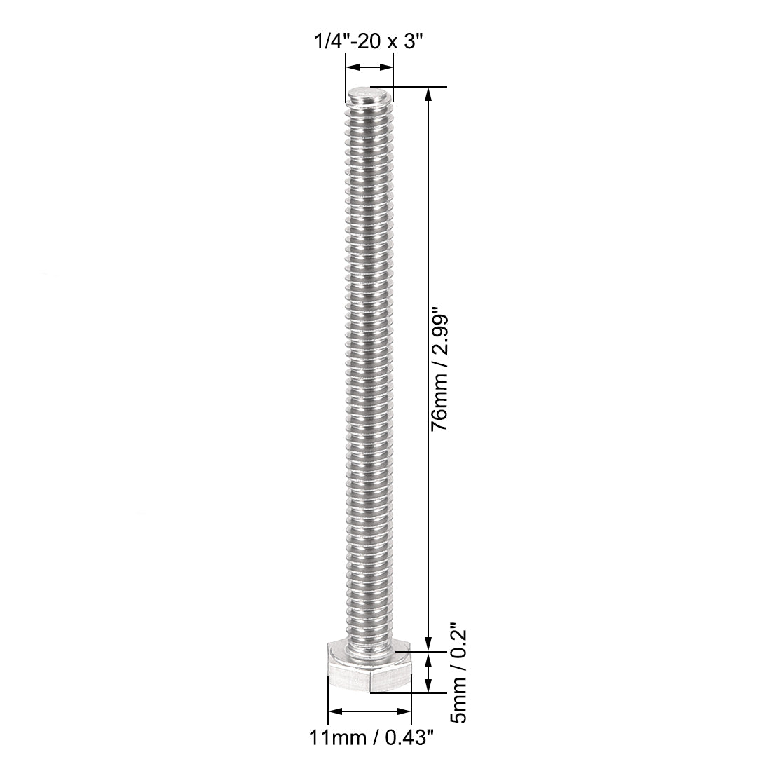 uxcell Uxcell 1/4-20 x 3" Hex Bolts 304 Stainless Steel Hexagon Screw Bolt 20pcs